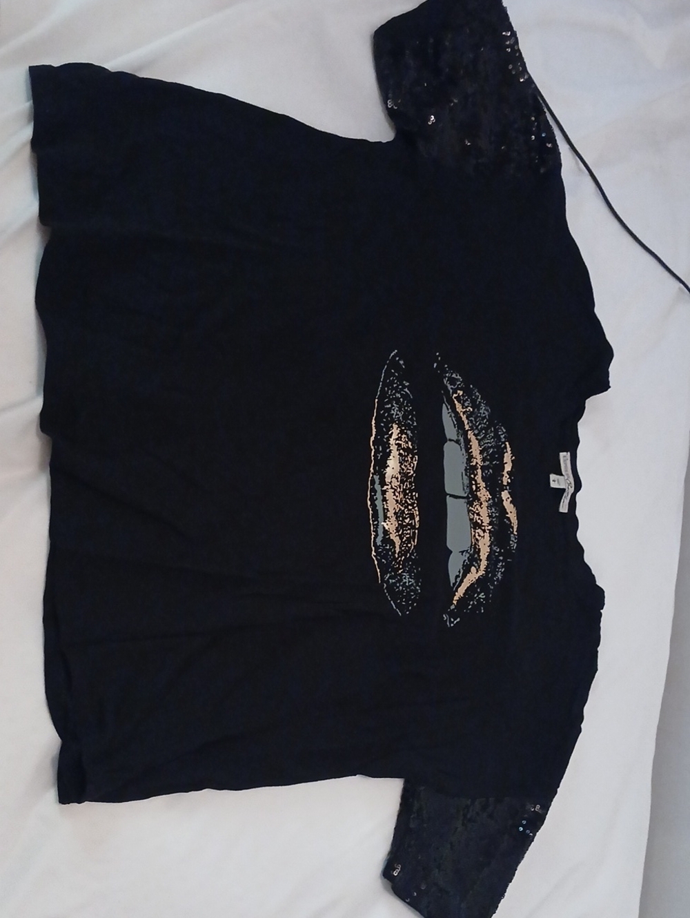 Express Black Tee with Metallic Gold Lip Graphic and Sequin Sleeves